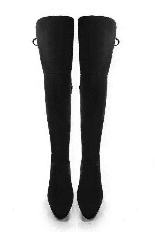 Matt black women's leather thigh-high boots. Round toe. High block heels. Made to measure. Top view - Florence KOOIJMAN